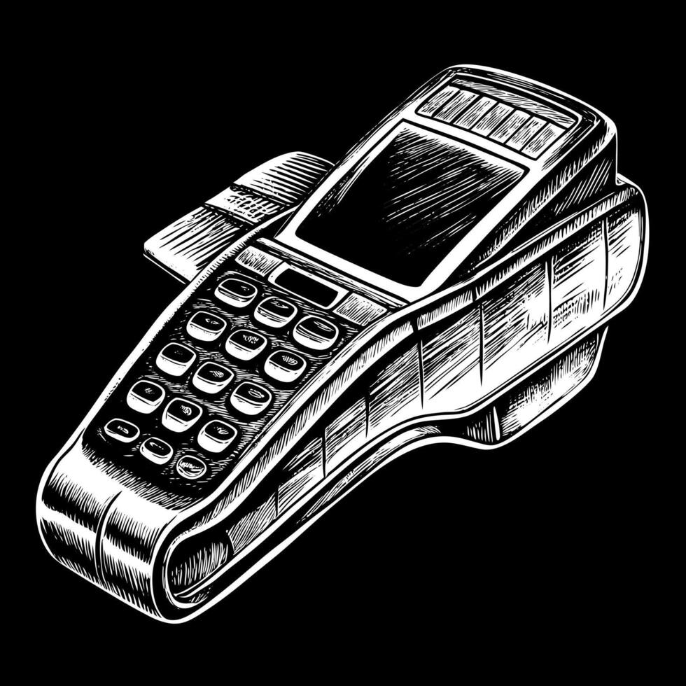 Retro Style Engraved Illustration of a Payment Terminal on Black Background vector