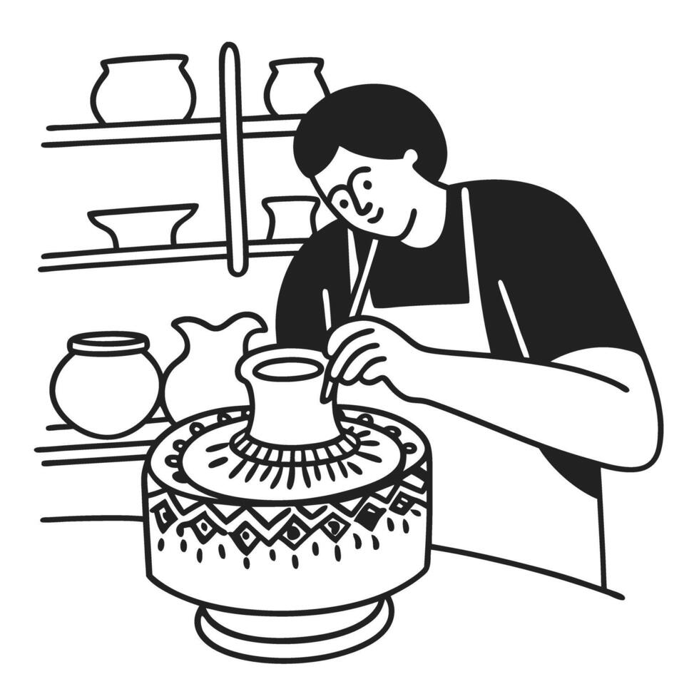 Artisan crafting pottery on wheel skilled ceramic artist carving intricate patterns in clay pot vector