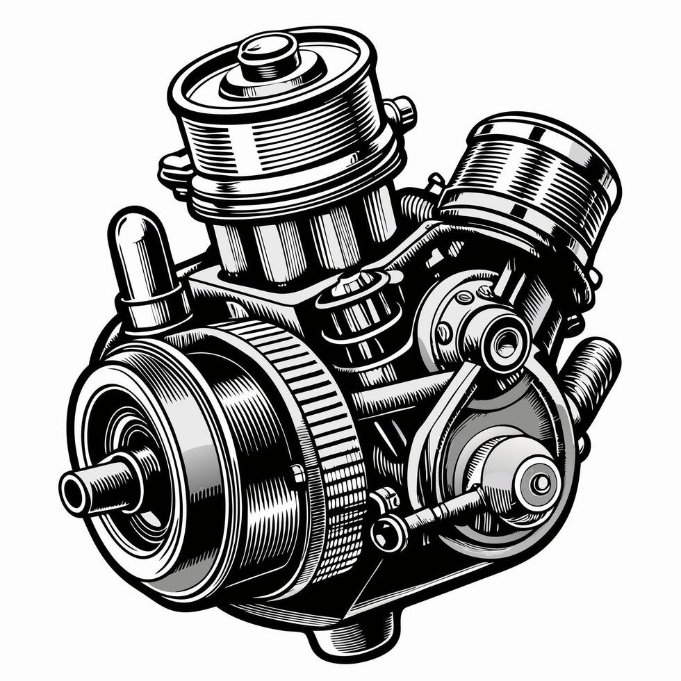 Vintage Car Engine Illustration Retro Mechanical Design in Black and White vector