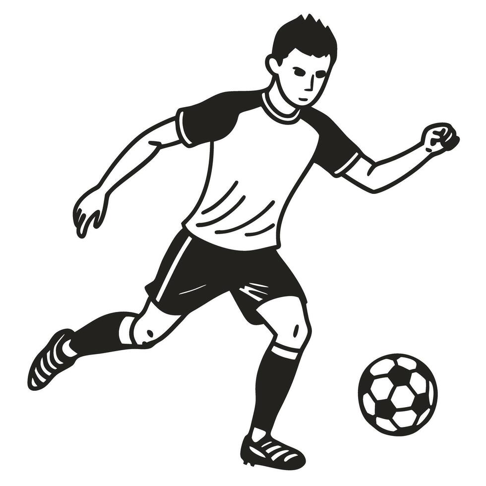 soccer player kicking ball grayscale sports illustration football athlete, dynamic motion drawing vector