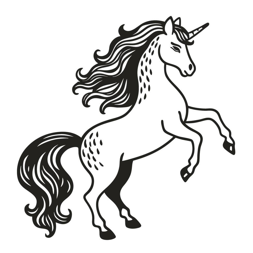 Majestic rearing unicorn with flowing mane, monochrome illustration vector
