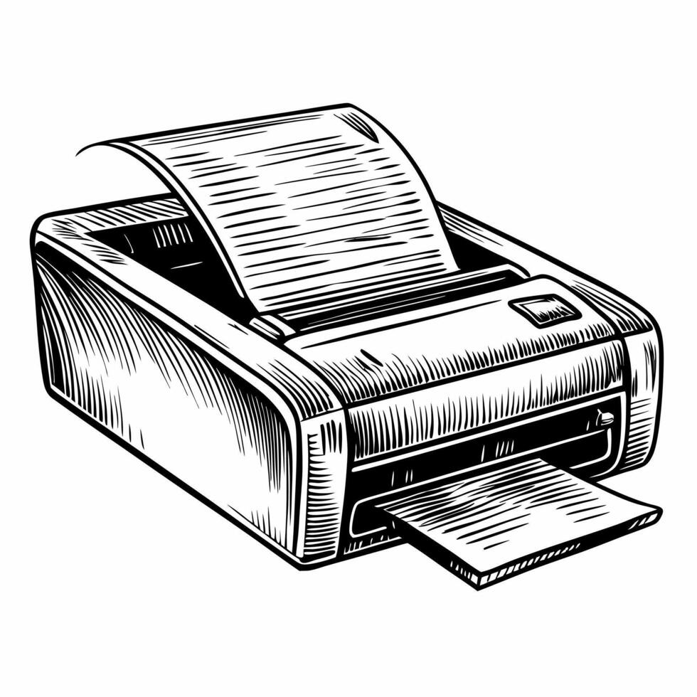 Vintage Style Printer Illustration with Printing Paper and Detailed Line Art vector