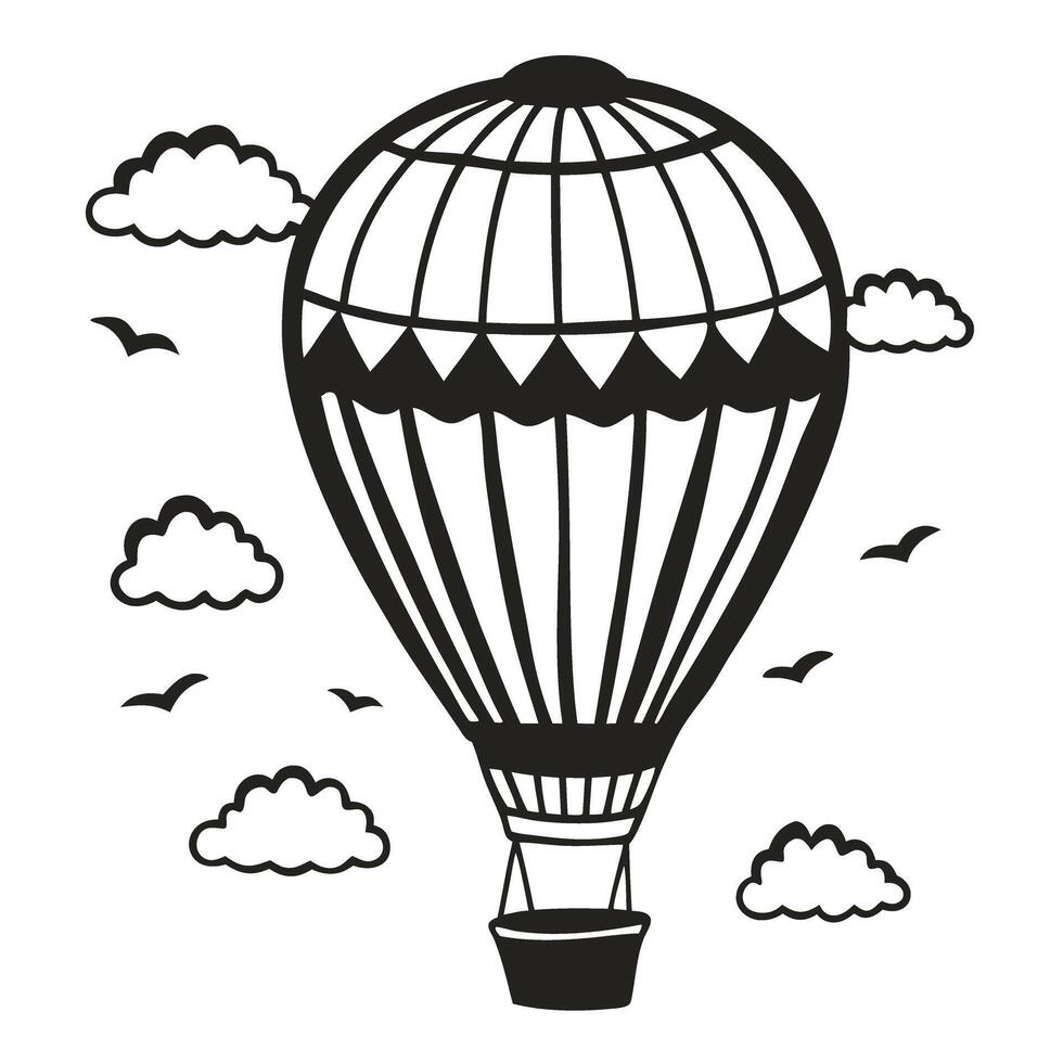 hot air balloon silhouette with clouds and birds vintage balloon design, adventure and exploration theme vector