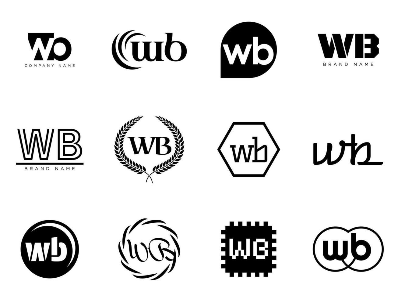 WB logo company template. Letter w and b logotype. Set different classic serif lettering and modern bold text with design elements. Initial font typography. vector