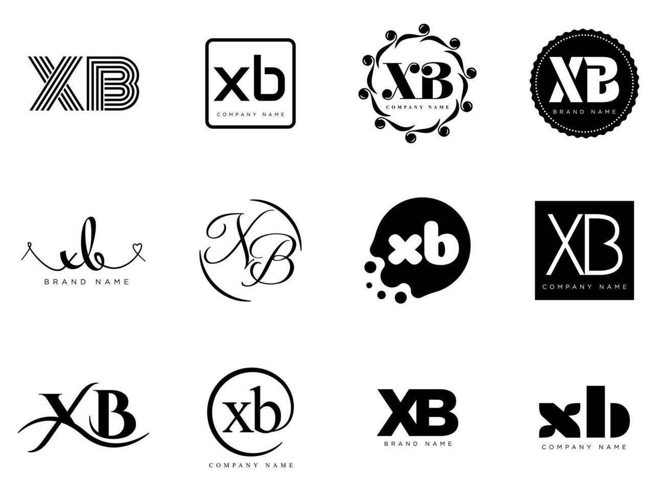 XB logo company templateLetter x and b logotype. Set different classic serif lettering and modern bold text with design elements. Initial font typography. vector
