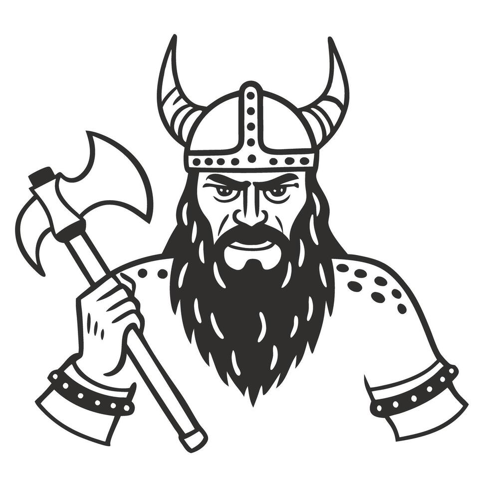 Fierce viking warrior with battle axe and horned helmet illustration vector