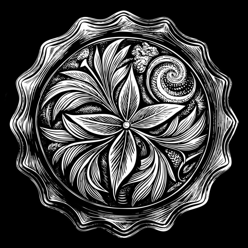 Intricate Floral Mandala with Swirling Botanical Patterns in Black and White vector