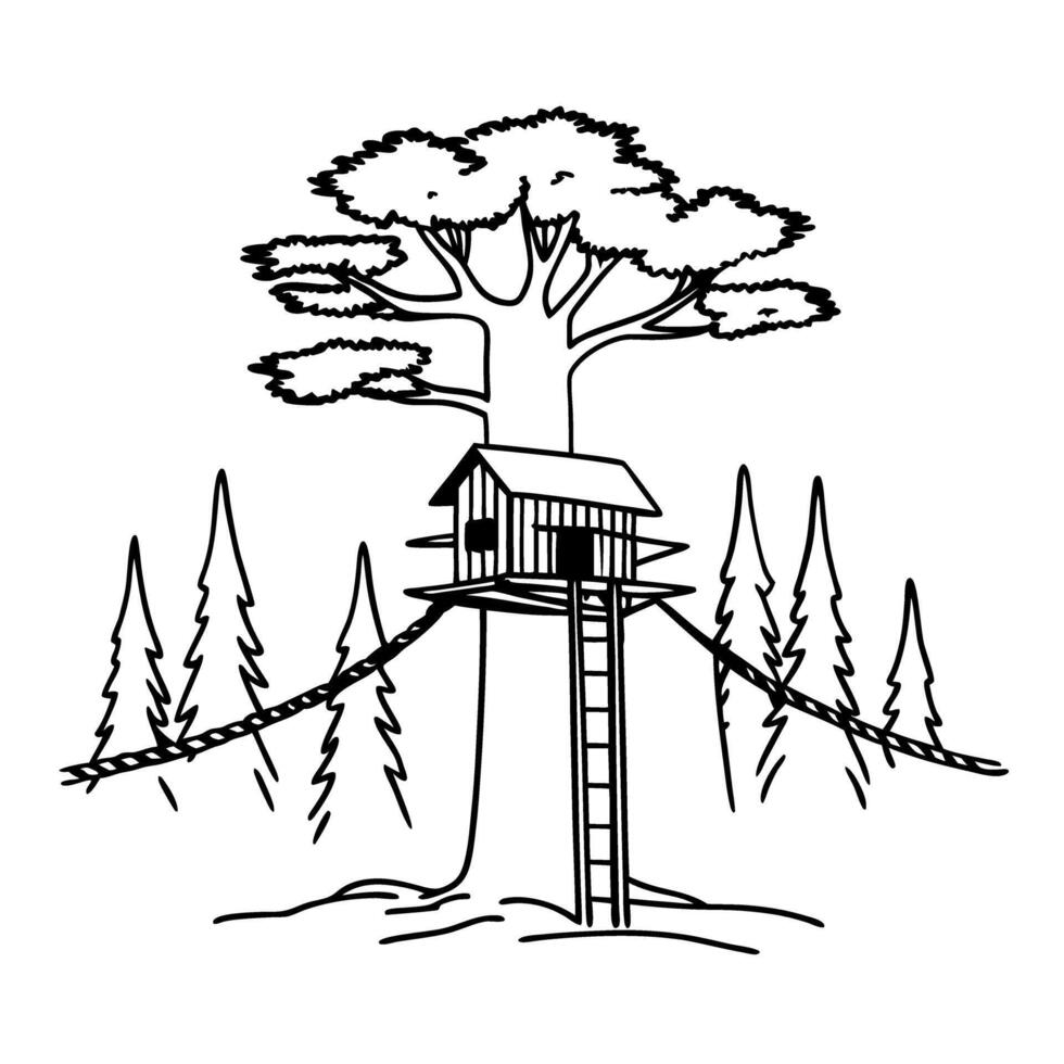 Treehouse illustration in forest setting with tall trees and ladder access vector