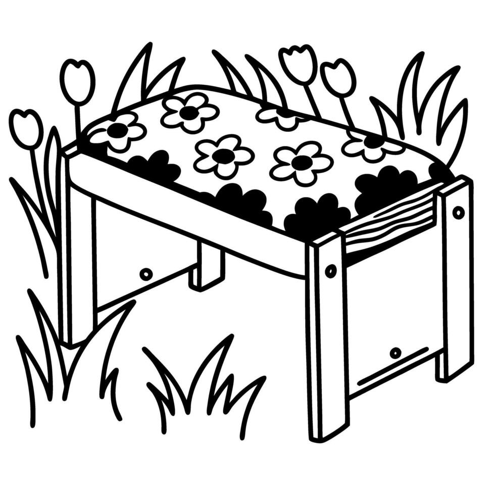 Garden bench with floral cushion surrounded by tulips and grass line art vector