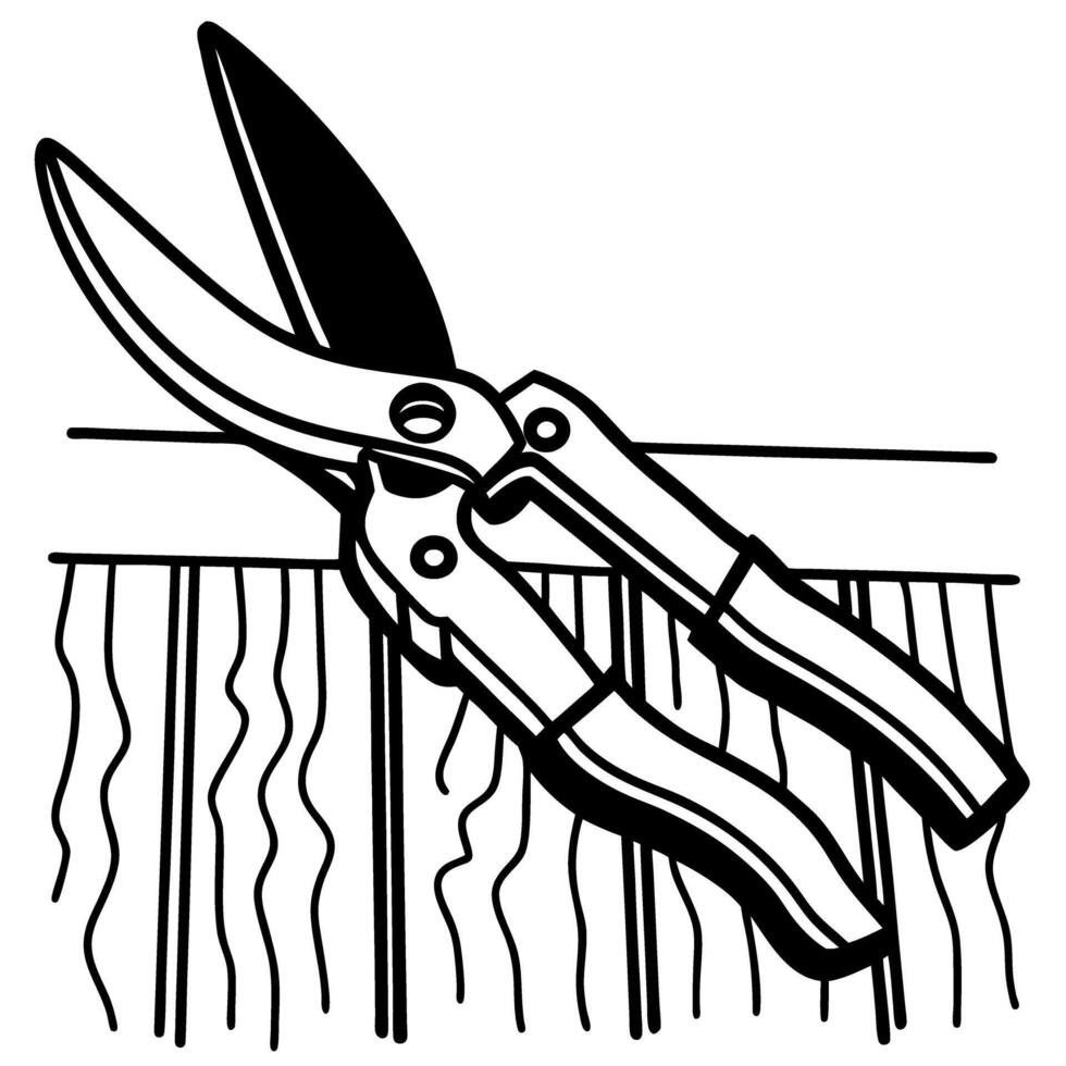 sharp pruning shears cutting plant stems gardening tool, precision trimming, black and white illustration vector