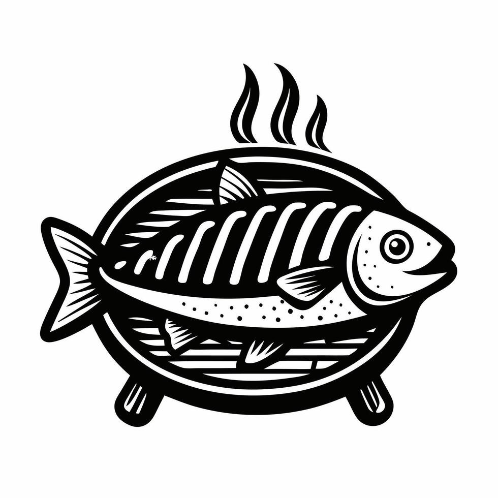 Black and White Grilled Fish Illustration with Smoke on Grill vector