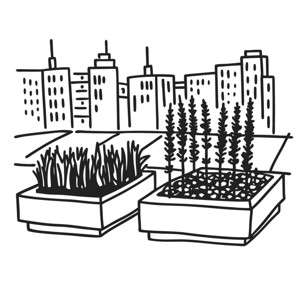 urban rooftop garden with planters, city skyline sustainable agriculture in metropolitan environment vector