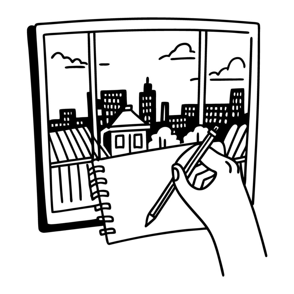 Sketching urban landscape through window cityscape view, notebook and pencil art vector