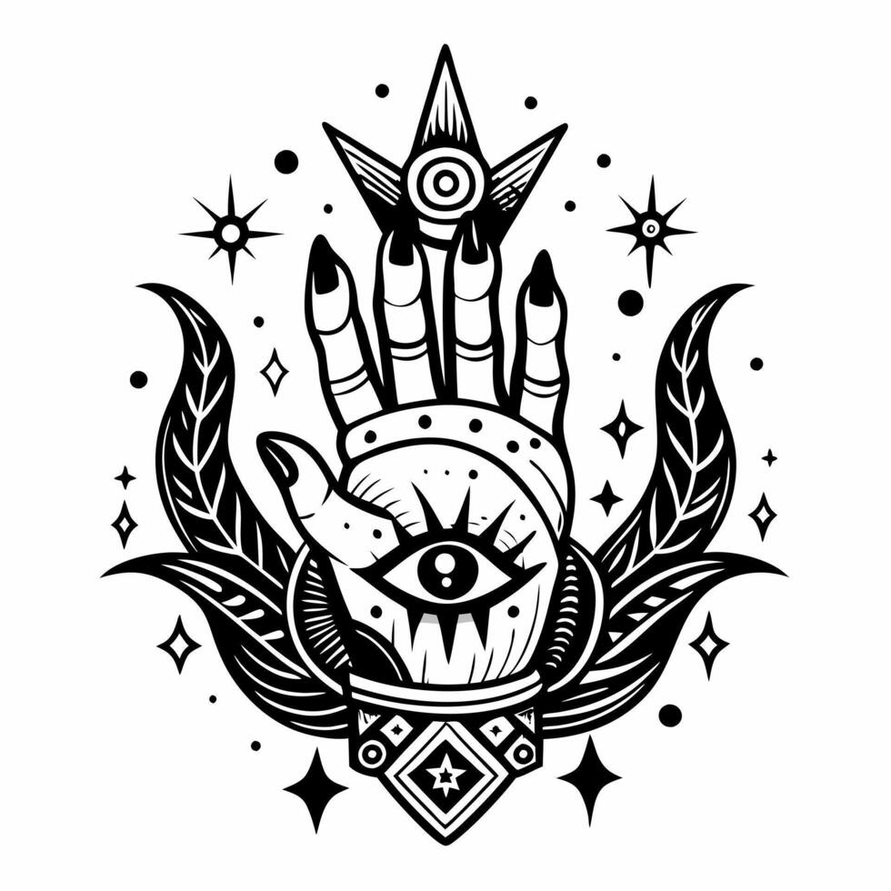 Mystical Hand with Eye and Star Elements in Monochrome Tattoo Style vector