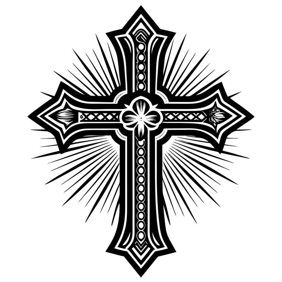 Ornate Black and White Cross with Radiant Lines Illustration for Spiritual and Religious Designs vector