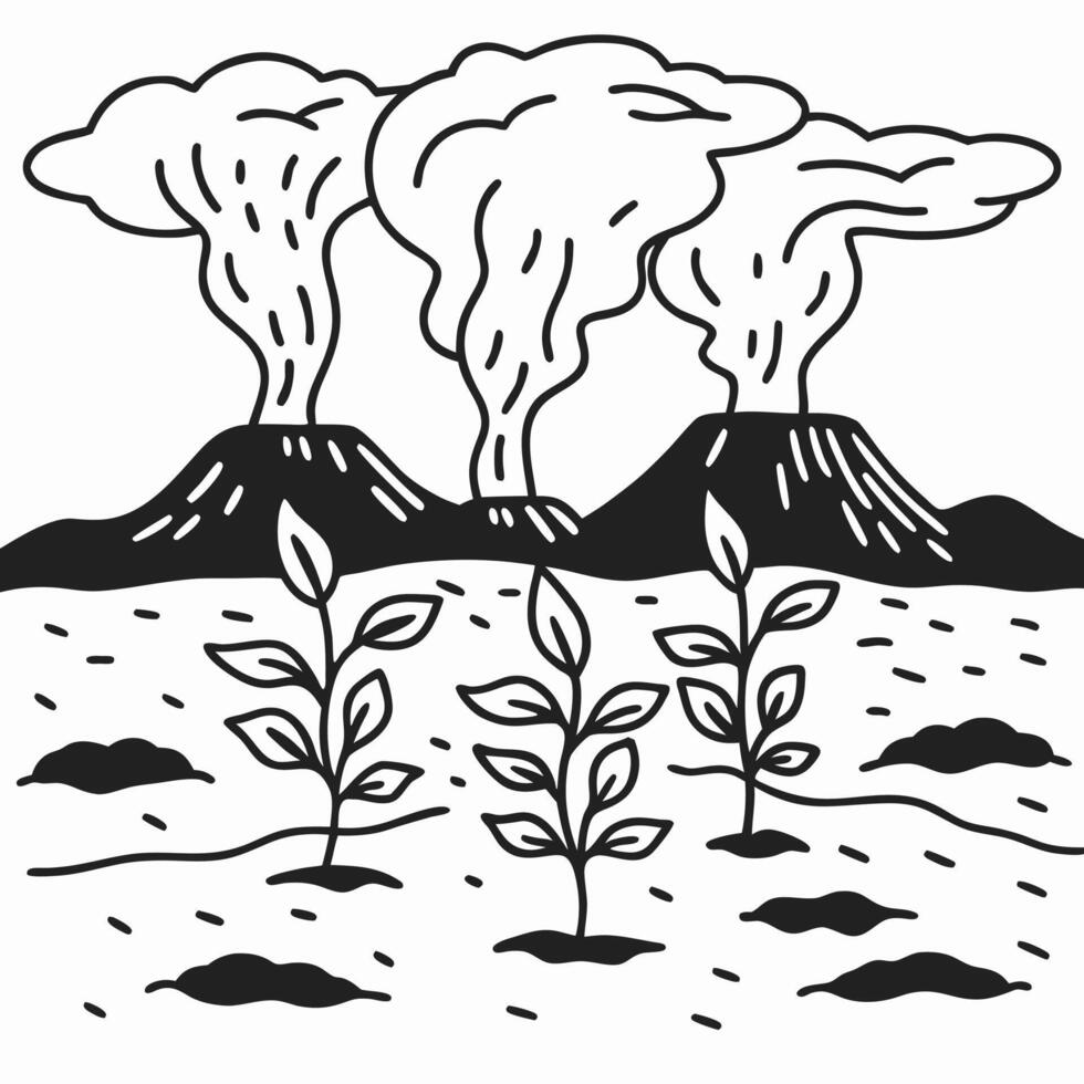 Volcanic eruption with smoke clouds and sprouting plants in black and white landscape illustration vector