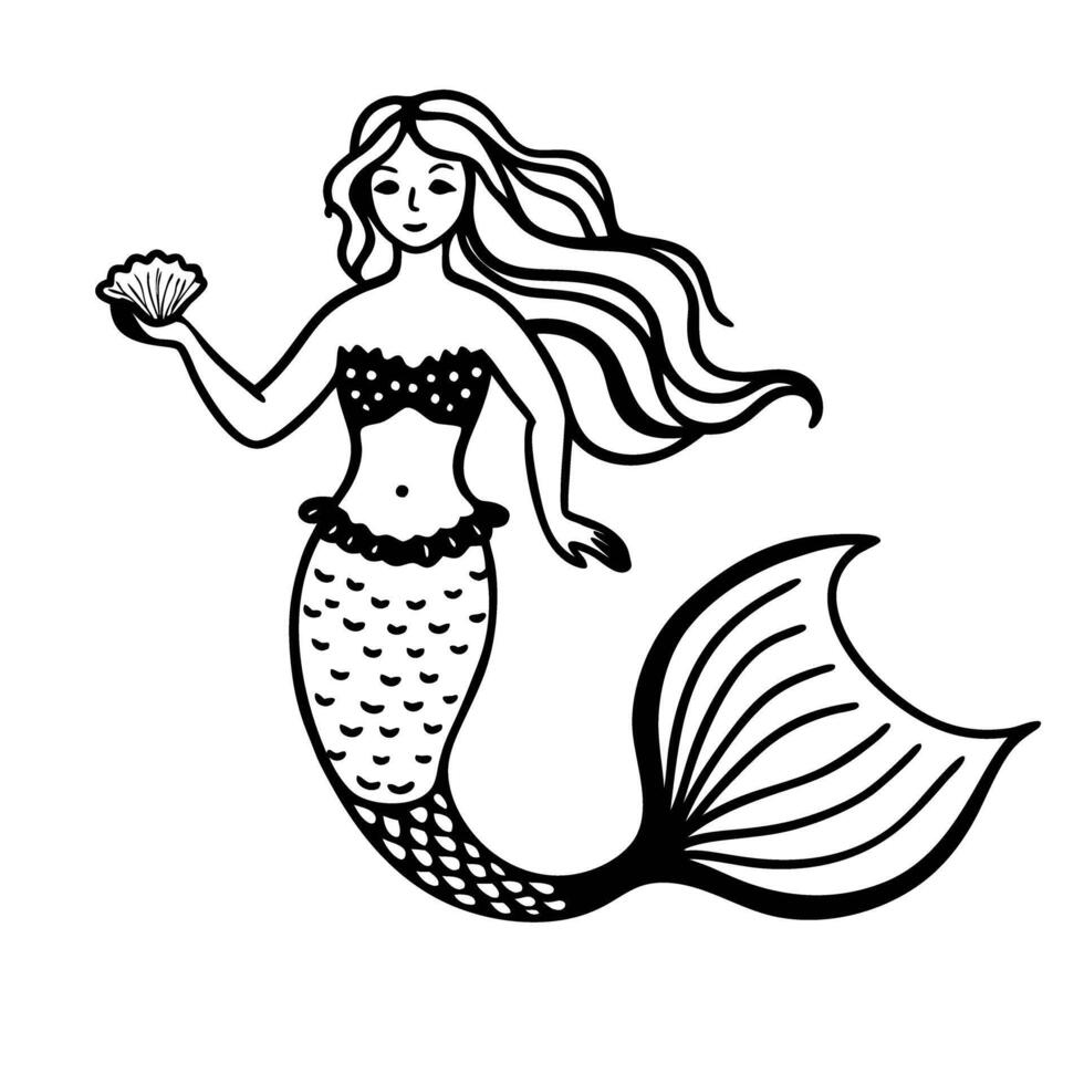 Mermaid illustration holding seashell fantasy mythical sea creature, ocean theme with long flowing hair and detailed tail vector
