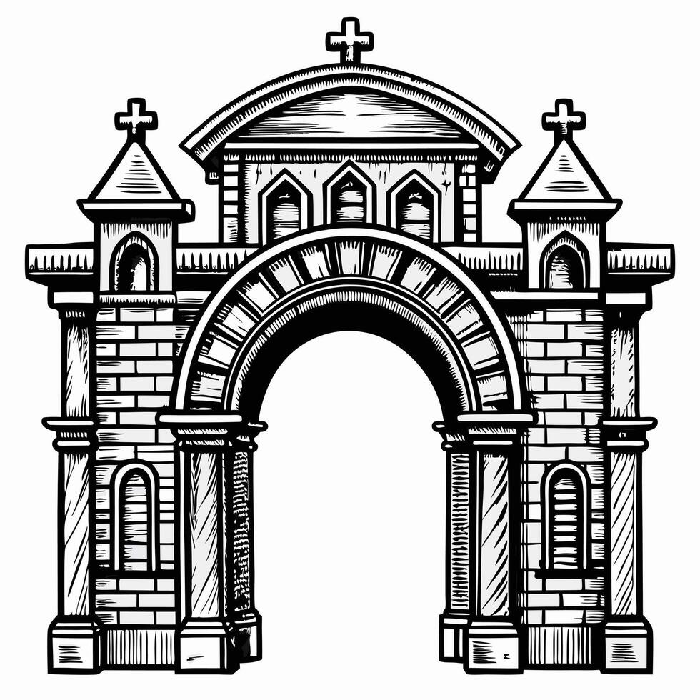 Vintage Architectural Arch Illustration with Stone Details and Crosses vector