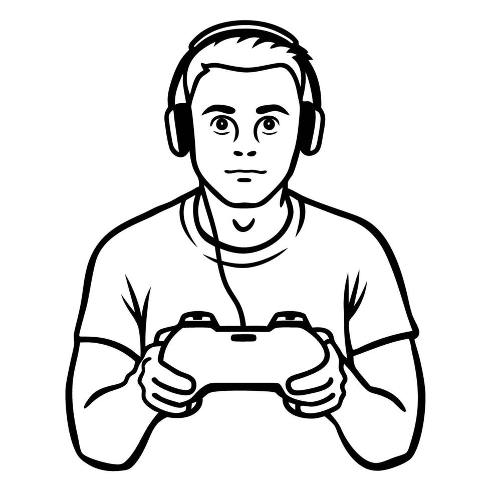 gamer focused in front of screen wearing headphones black and white illustration of gaming vector