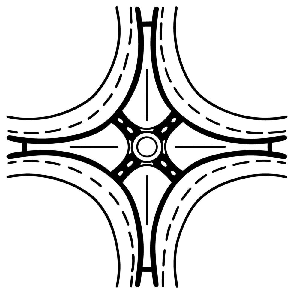 Roundabout intersection blueprint aerial view traffic circle, four way road schematic, transportation engineering design vector