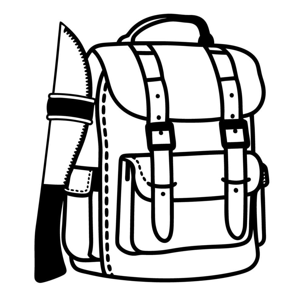 Adventure backpack with attached knife icon for camping and outdoor exploration vector