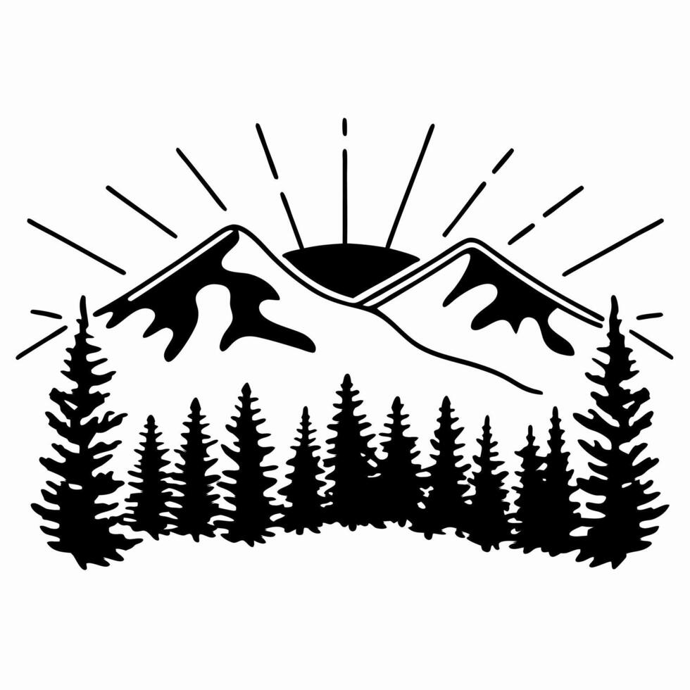 mountain landscape silhouette with sunrise pine trees and sun rays, nature and wilderness illustration vector