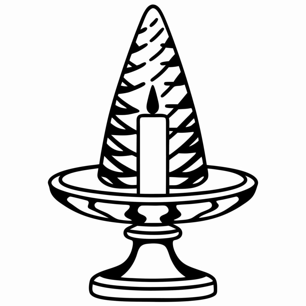 stylized pine tree and candle on ornate stand, black and white illustration vector