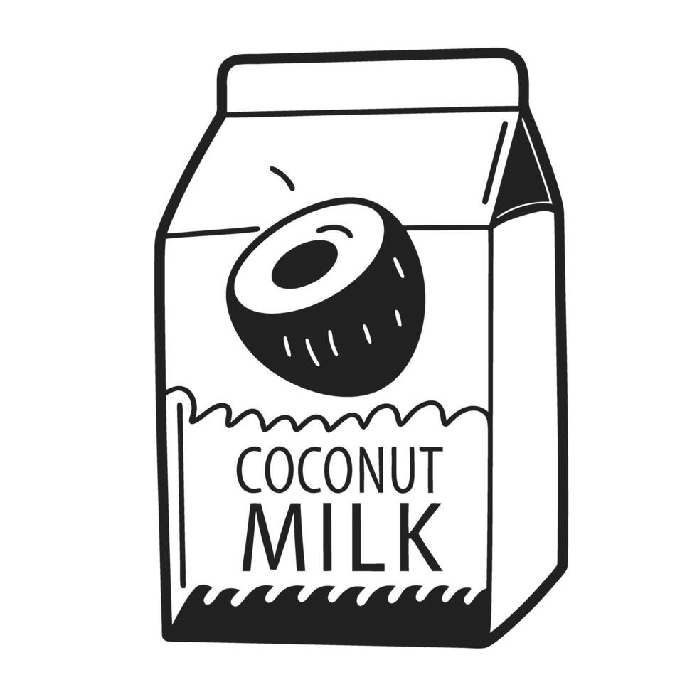 Illustration of coconut milk carton, minimalist black and white design vector