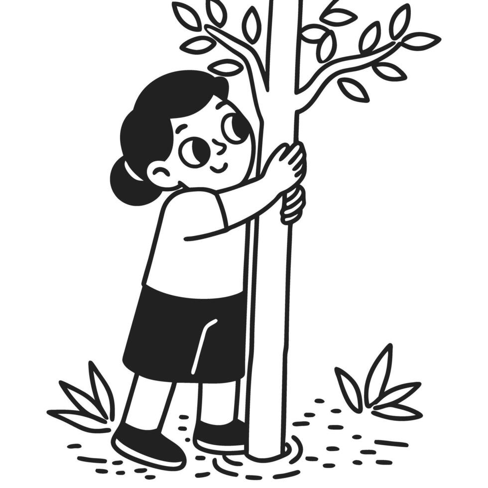 Child embracing tree in nature black and white illustration of environmental care and connection vector