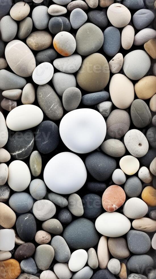 A wall of pebbles with white and black stones photo