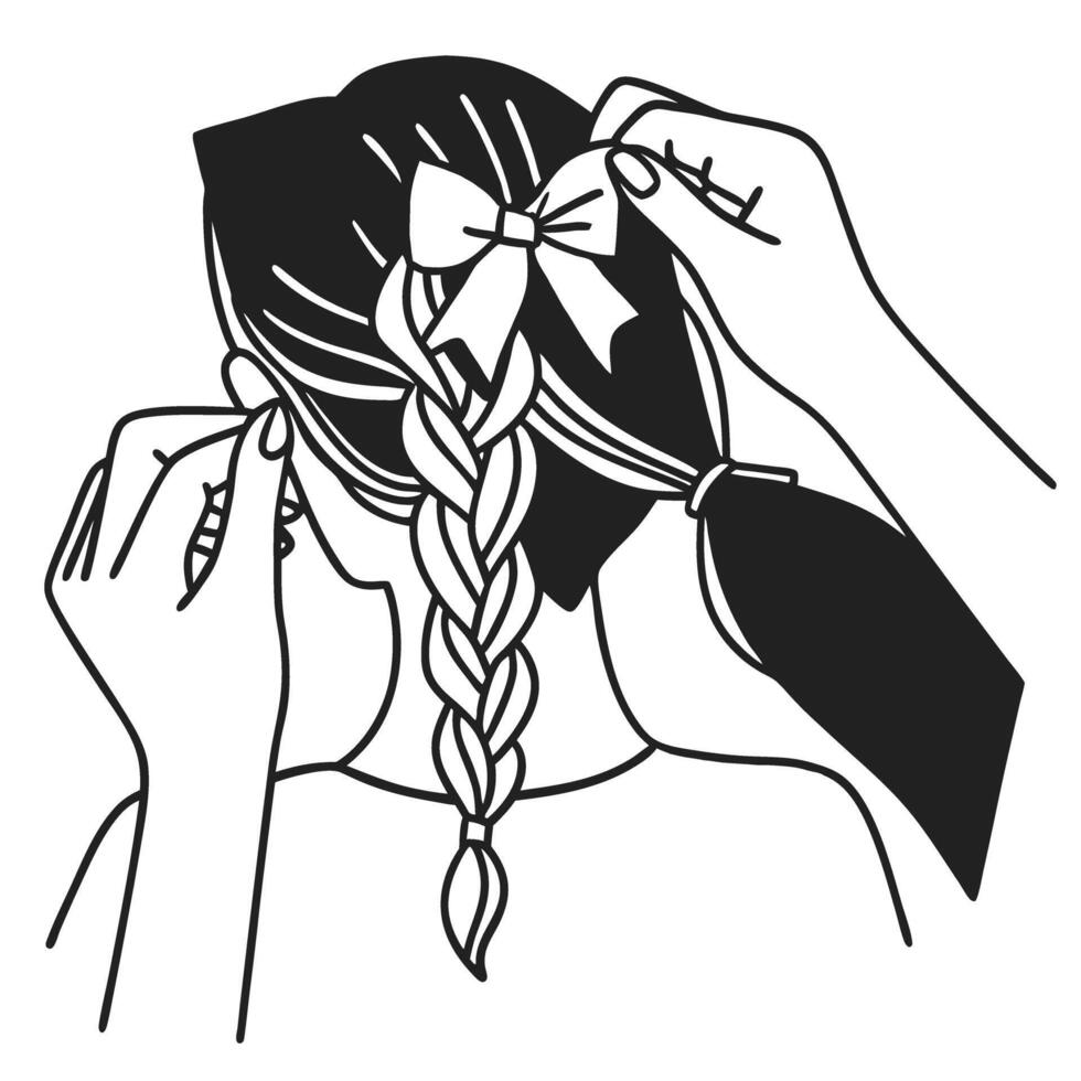 Hands braiding hair with ribbon stylish women hairstyle, creative fashion hair design vector