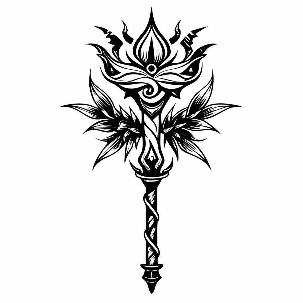 Intricate Fantasy Staff Design in Monochrome Illustration vector