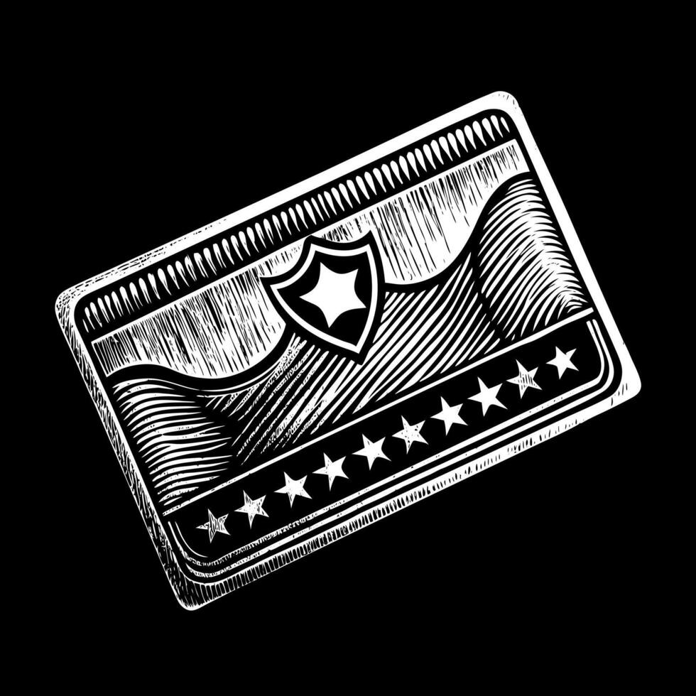 Vintage Hand Drawn Credit Card Illustration with Shield Emblem and Stars vector