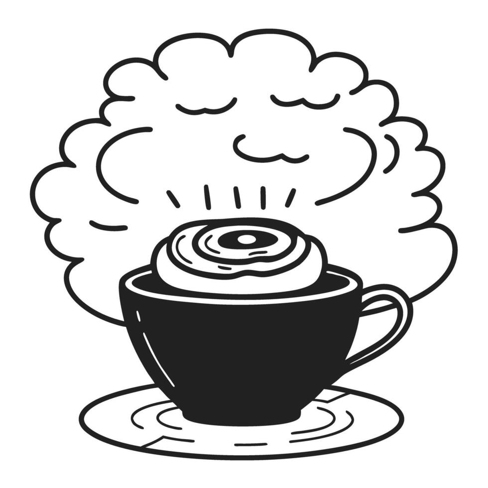 steaming cinnamon roll in cup warm dessert illustration, baked pastry drawing cozy food concept vector