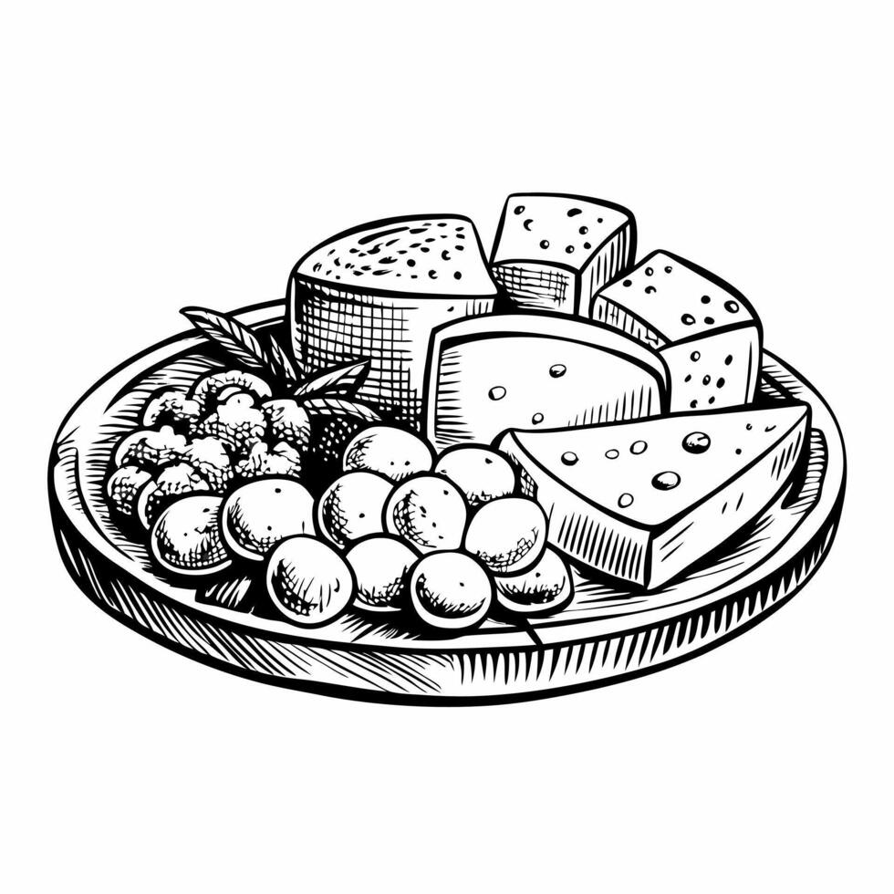 Hand Drawn Cheese and Grapes on Rustic Wooden Platter Illustration vector