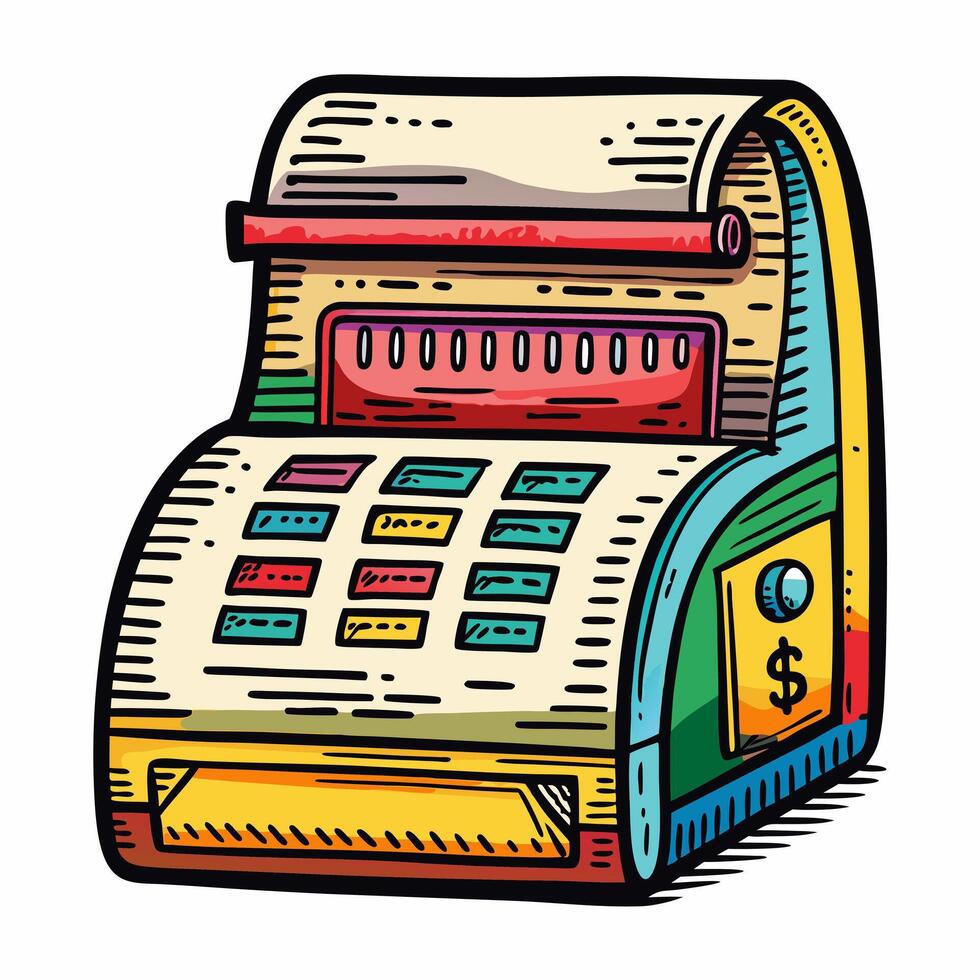 Retro Cash Register Illustration with Colorful Cartoon Design vector