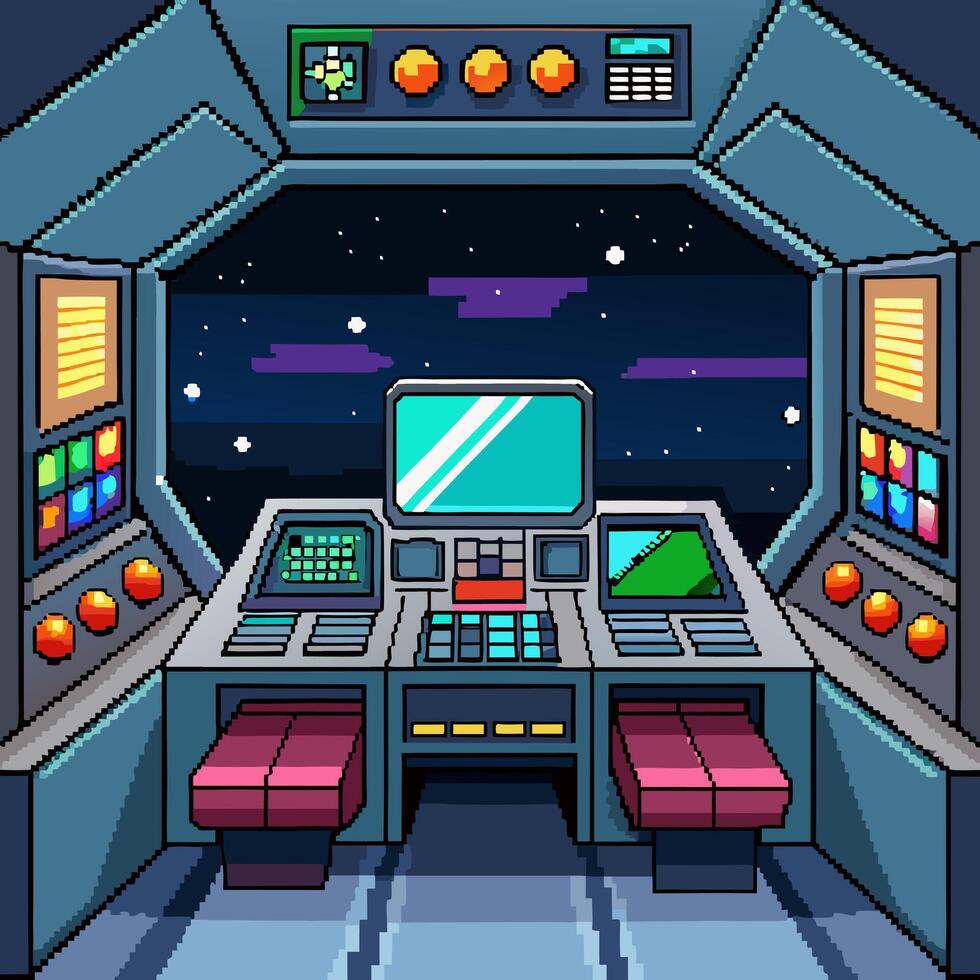 Futuristic Pixel Art Spaceship Cockpit with Starry Space View vector