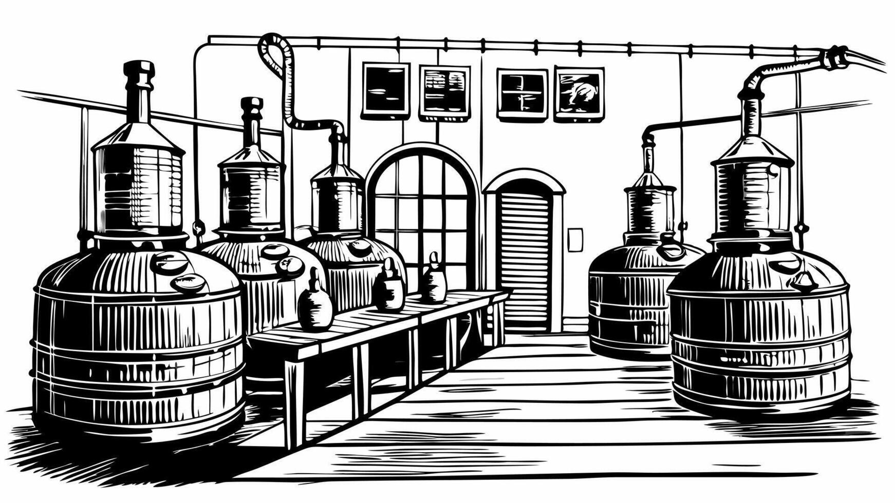 Vintage Distillery Interior with Copper Stills in Black and White Line Art Illustration vector