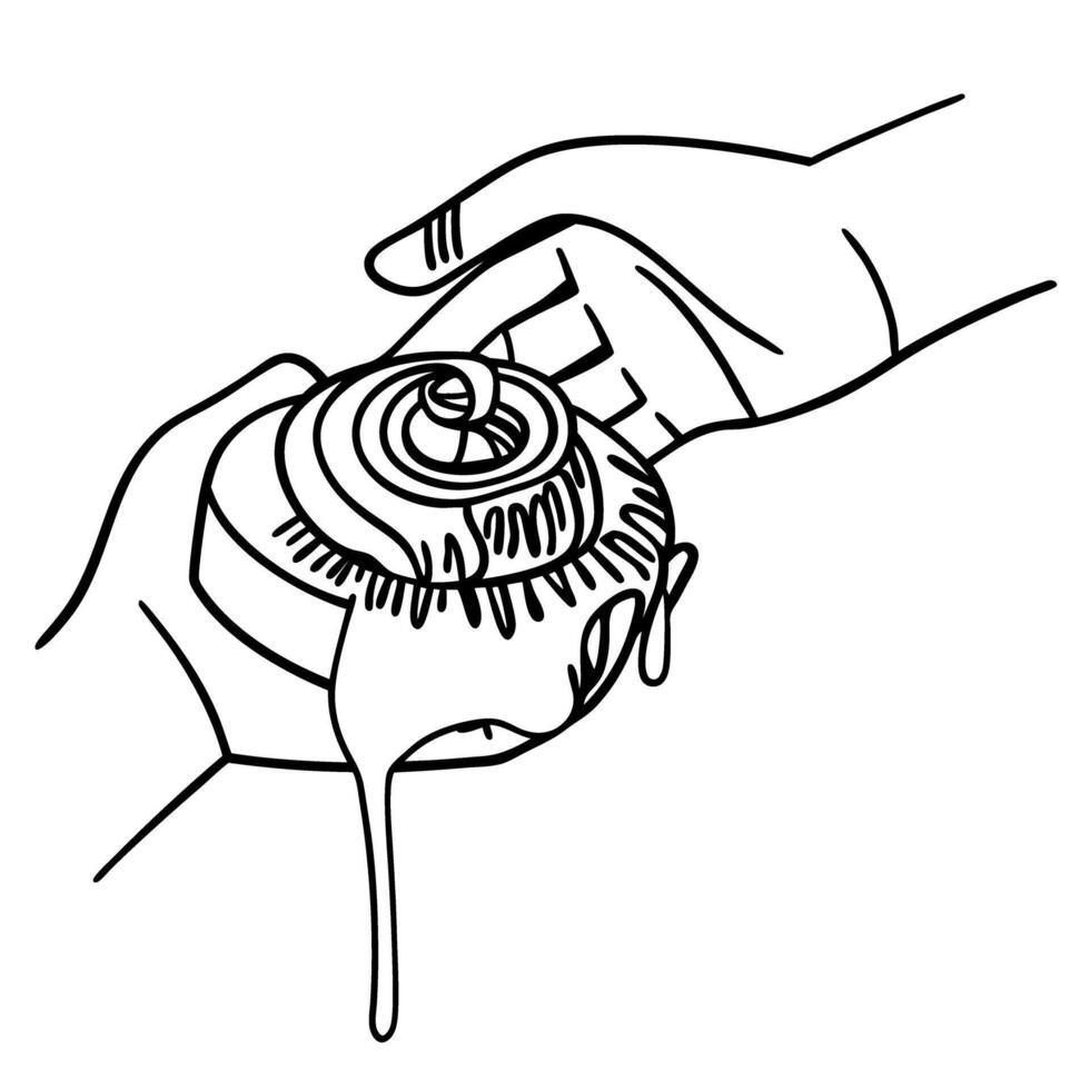 hands holding dripping melting ice cream cone, linear illustration sweet dessert in monochrome vector