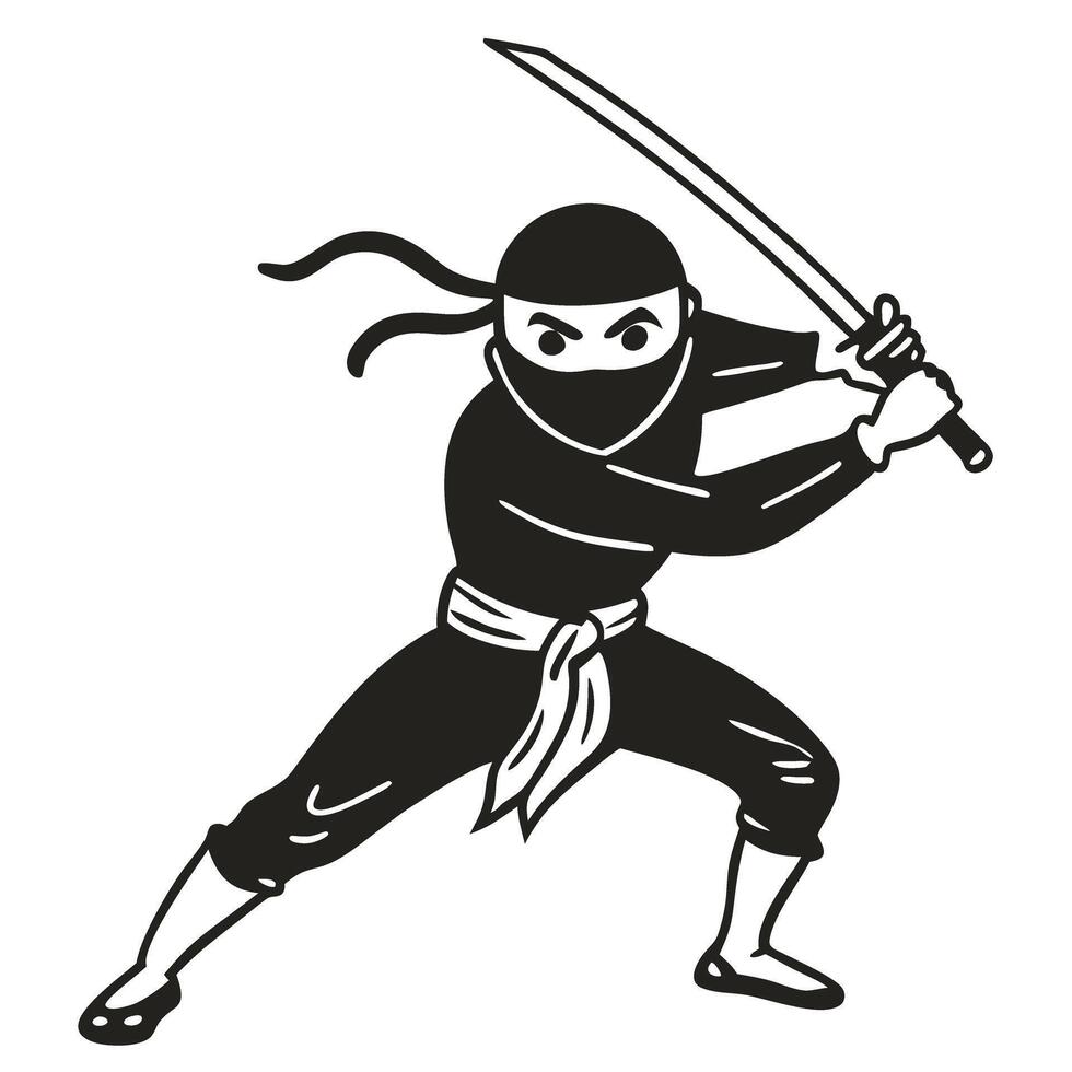 dynamic ninja poised with sword ready to strike black and white illustration, traditional martial artist in fighting stance, agility and stealth concept vector
