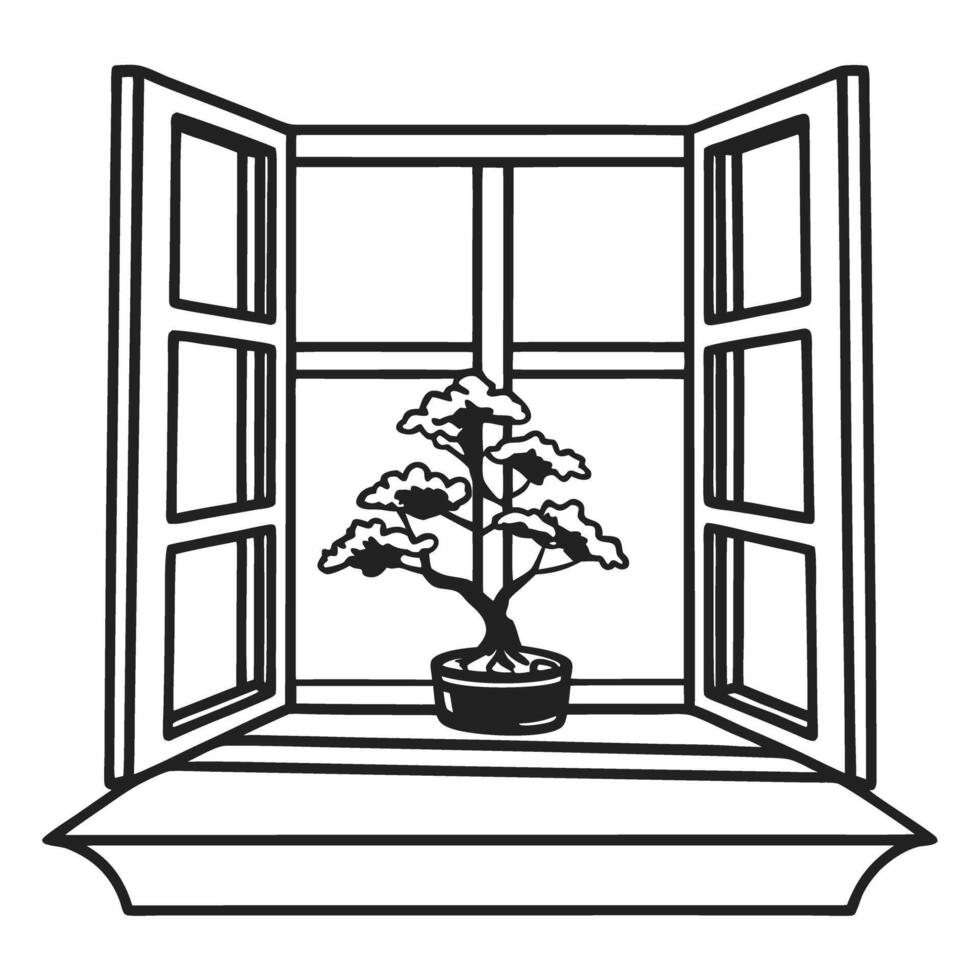 Minimalist bonsai tree by open window, zen plant decor and relaxing indoor nature scene vector