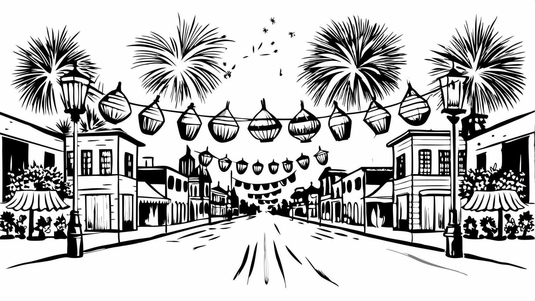 Monochrome Festive Street with Fireworks and Lanterns in Vintage Style vector