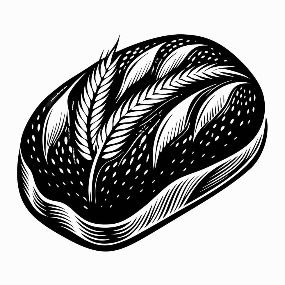 Rustic Loaf with Wheat Ears Black and White Engraved Illustration vector