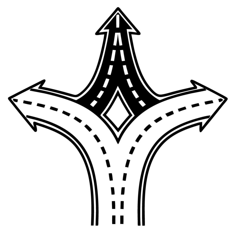 road direction symbol with three diverging arrows and diamond decision making, navigation sign, guideline concept in monochrome design vector