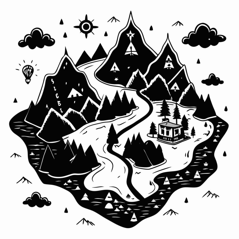Monochrome Adventure Landscape with Mountains and River vector