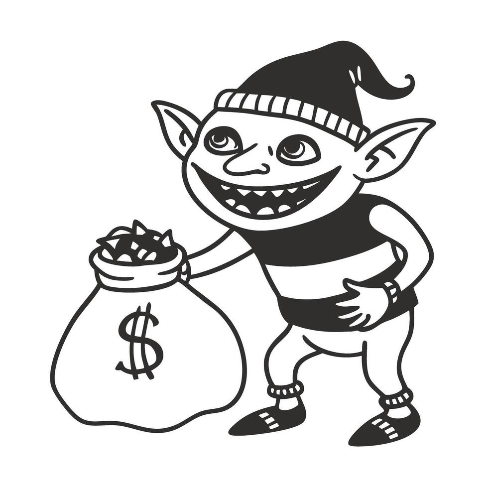 mischievous elf with money bag, black and white illustration, playful character design vector