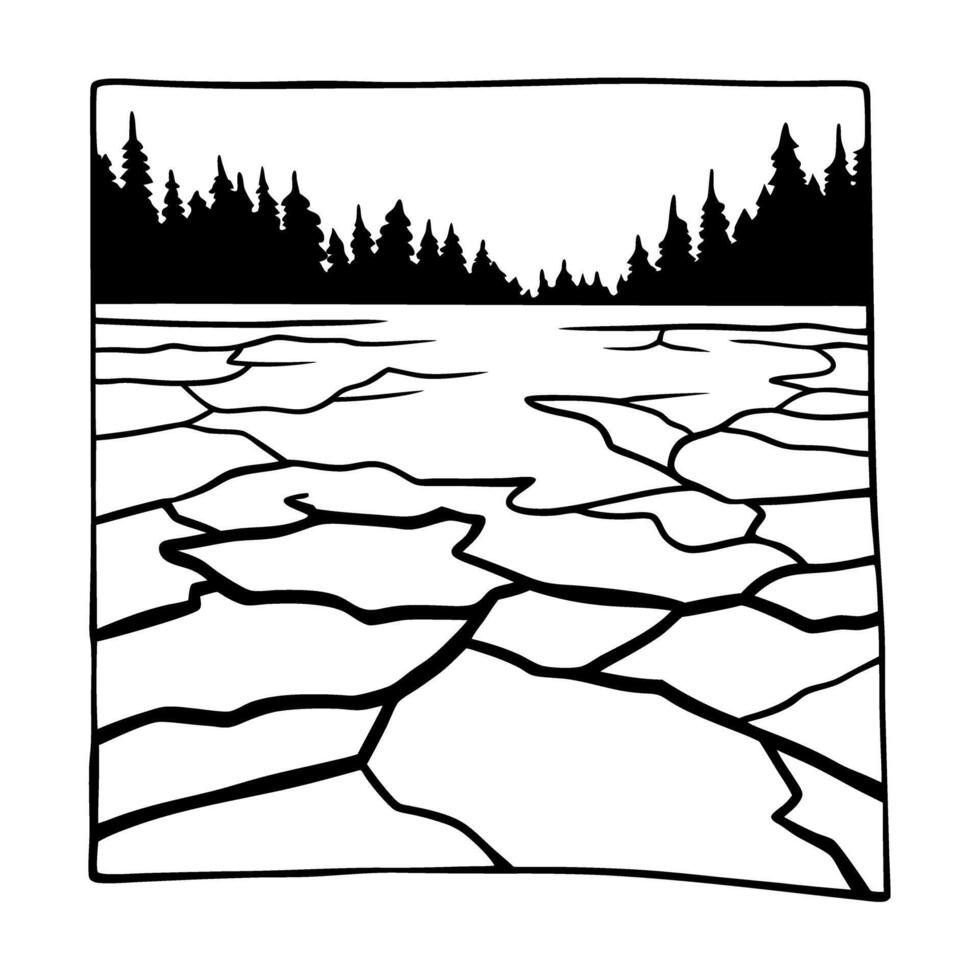 Drought affected landscape with cracked earth and distant forest silhouette vector
