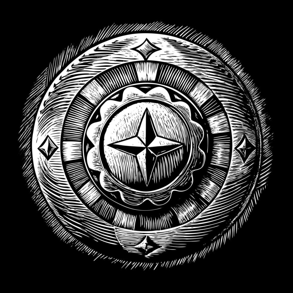 Intricate Hand Drawn Compass Rose Emblem with Star Design in Black and White Art vector
