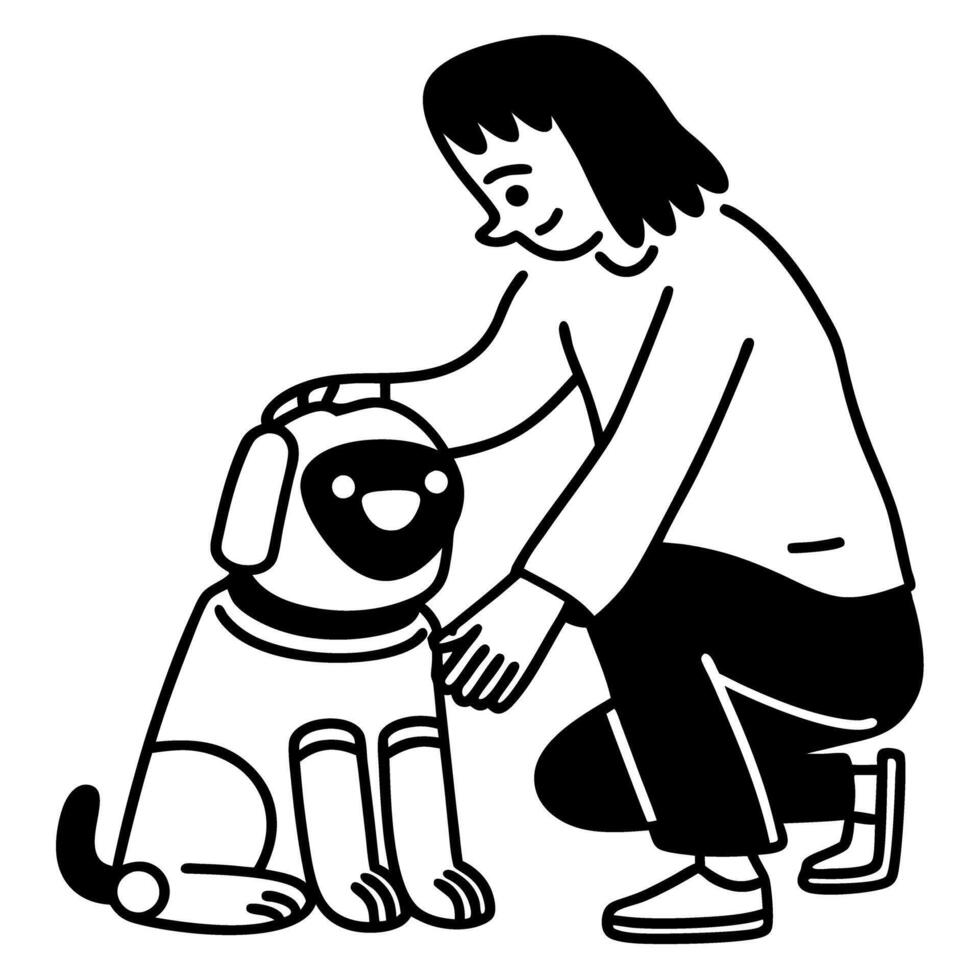 Person interacts with robot dog companion for companionship and futuristic pet care vector