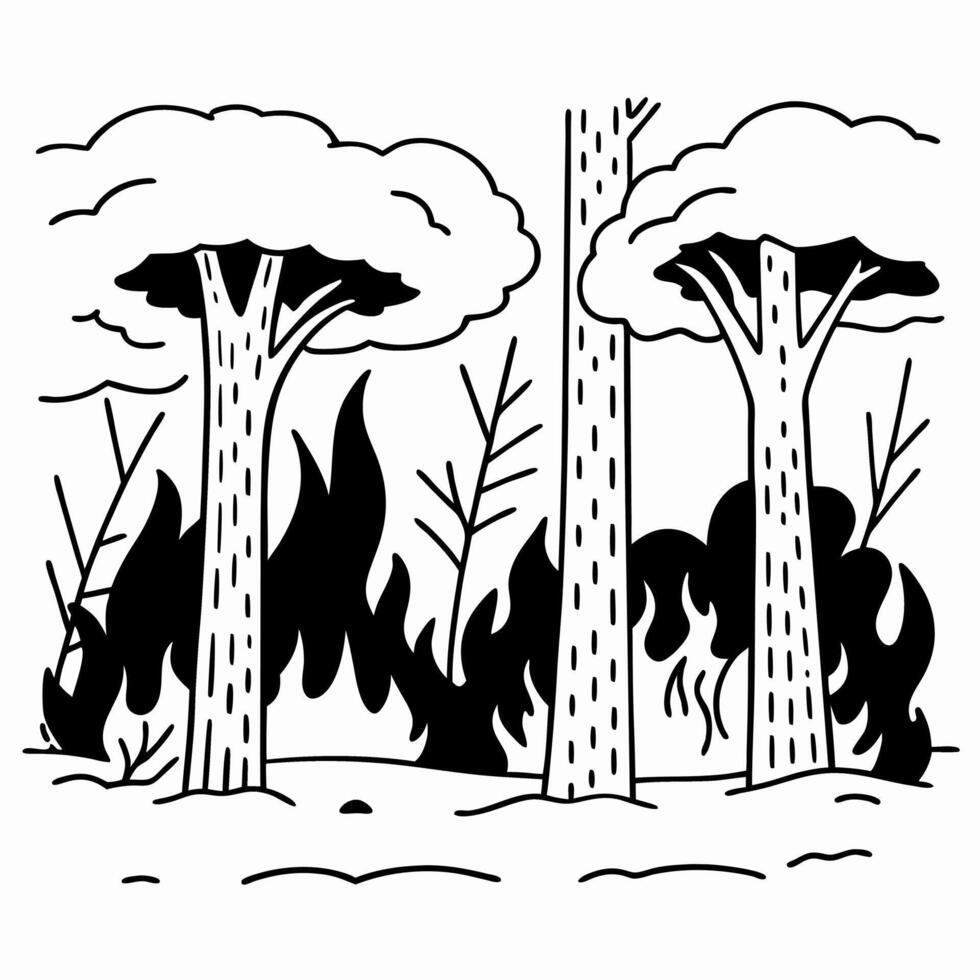 Forest trees and wildfire illustration in black and white nature destruction, environmental crisis vector